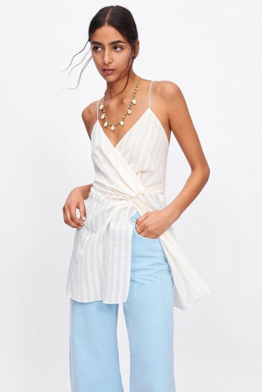 Zara Cream Striped Sleeveless V Neck Knot Cami Sheath Tunic Top Dress Size S